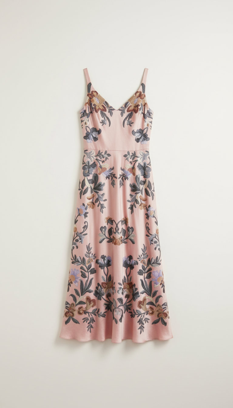 Vestido midi de seda bordada